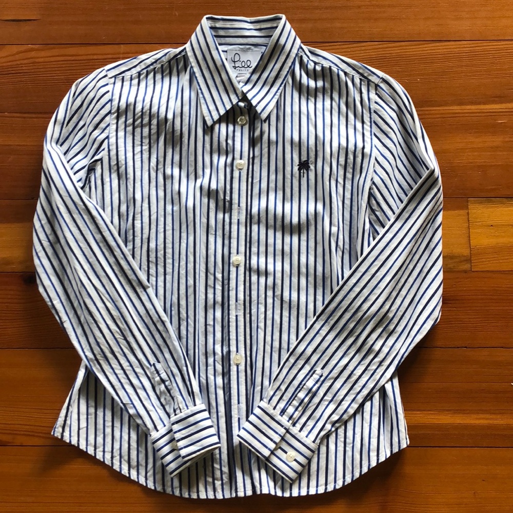 Blue and white striped button down shirt.